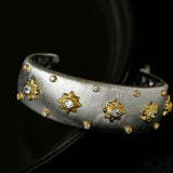 Star - Embellished Wide Cuff Bracelet – Brushed Silver with Gold Stars - floysun