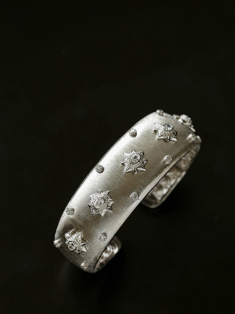 Star - Embellished Wide Cuff Bracelet – Brushed Silver with Silver Stars - floysun