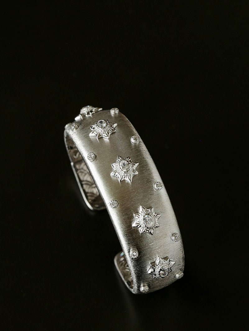 Star - Embellished Wide Cuff Bracelet – Brushed Silver with Silver Stars - floysun