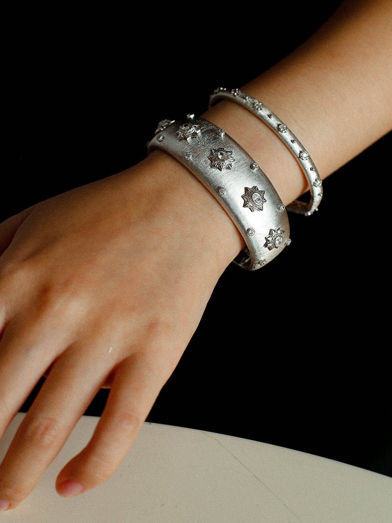 Star - Embellished Wide Cuff Bracelet – Brushed Silver with Silver Stars - floysun