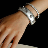 Star - Embellished Wide Cuff Bracelet – Brushed Silver with Silver Stars - floysun