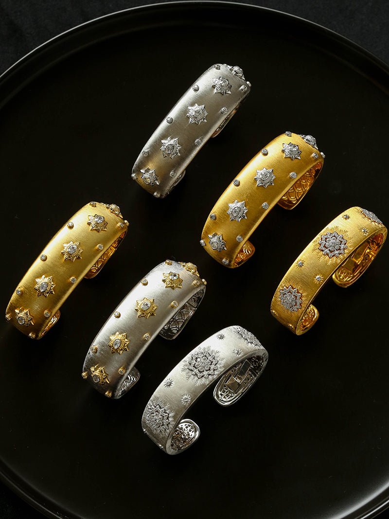Star - Embellished Wide Cuff Bracelet – Brushed Silver with Silver Stars - floysun