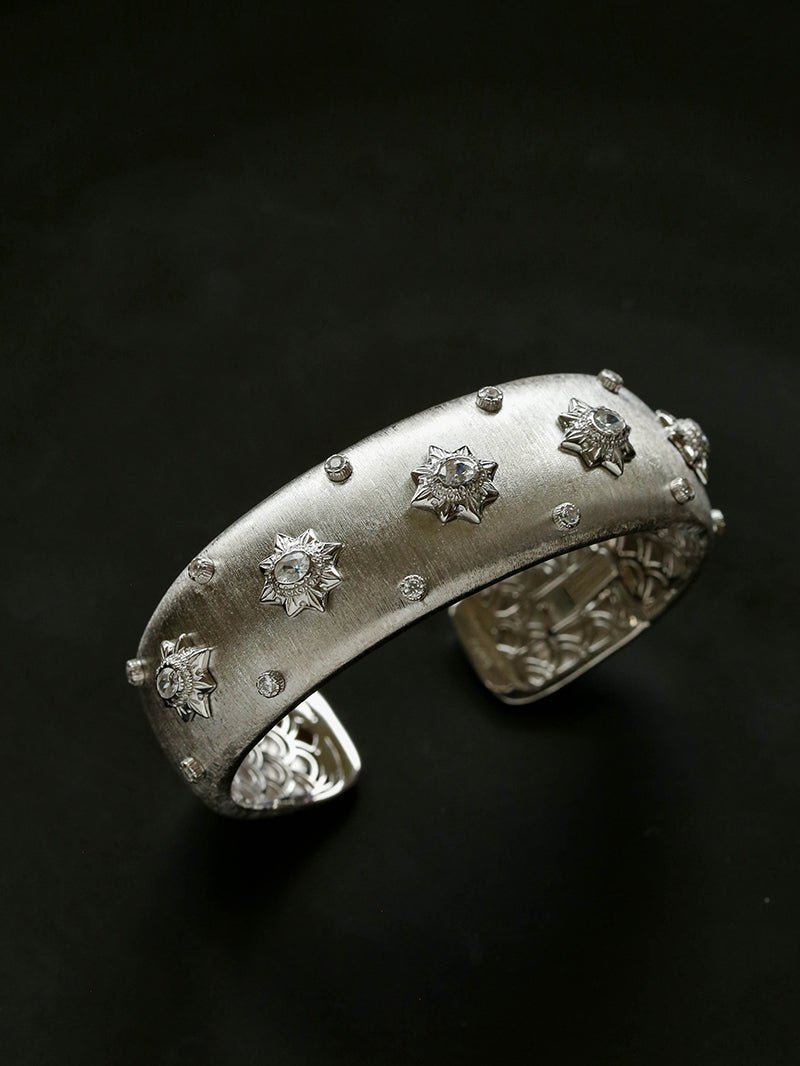 Star - Embellished Wide Cuff Bracelet – Brushed Silver with Silver Stars - floysun