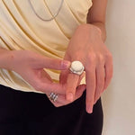 Sterling Silver Round White Mother - of - Pearl Statement Ring - floysun