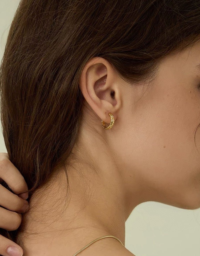 Sterling Silver Snake Chain Mini Hoops with Zircon - floysun