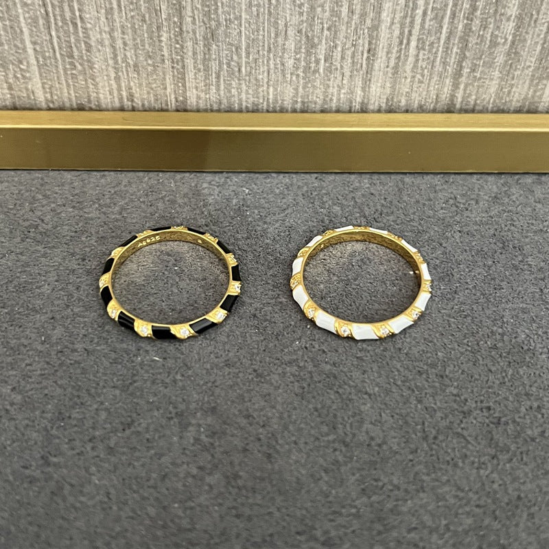 Striped Enamel CZ Stacking Ring - White - floysun
