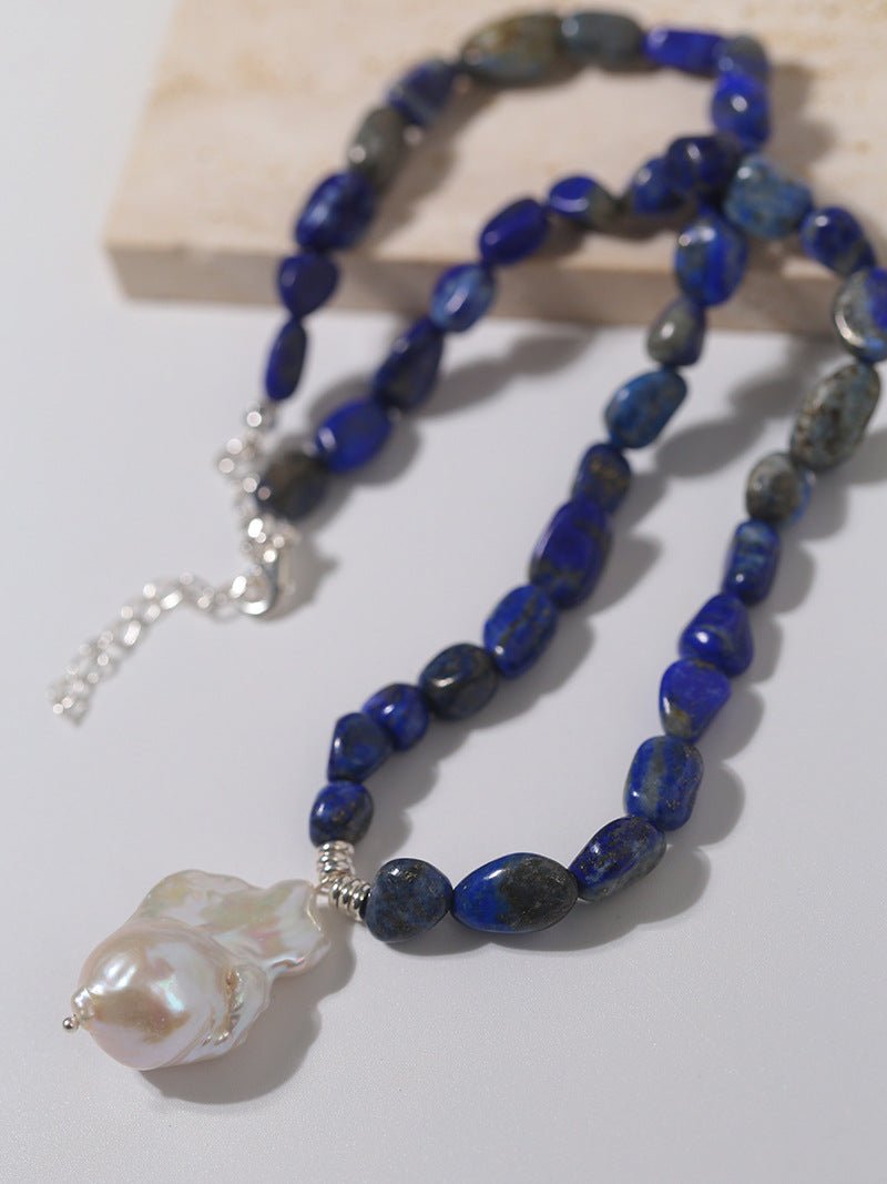 Stunning Lapis Lazuli Baroque Pearl Pendant Necklace - floysun