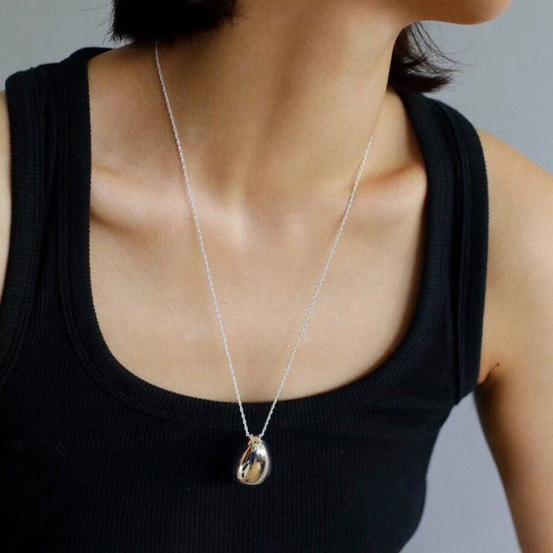 Stylish Large Water Drop Pendant Necklace - Sterling Silver - floysun