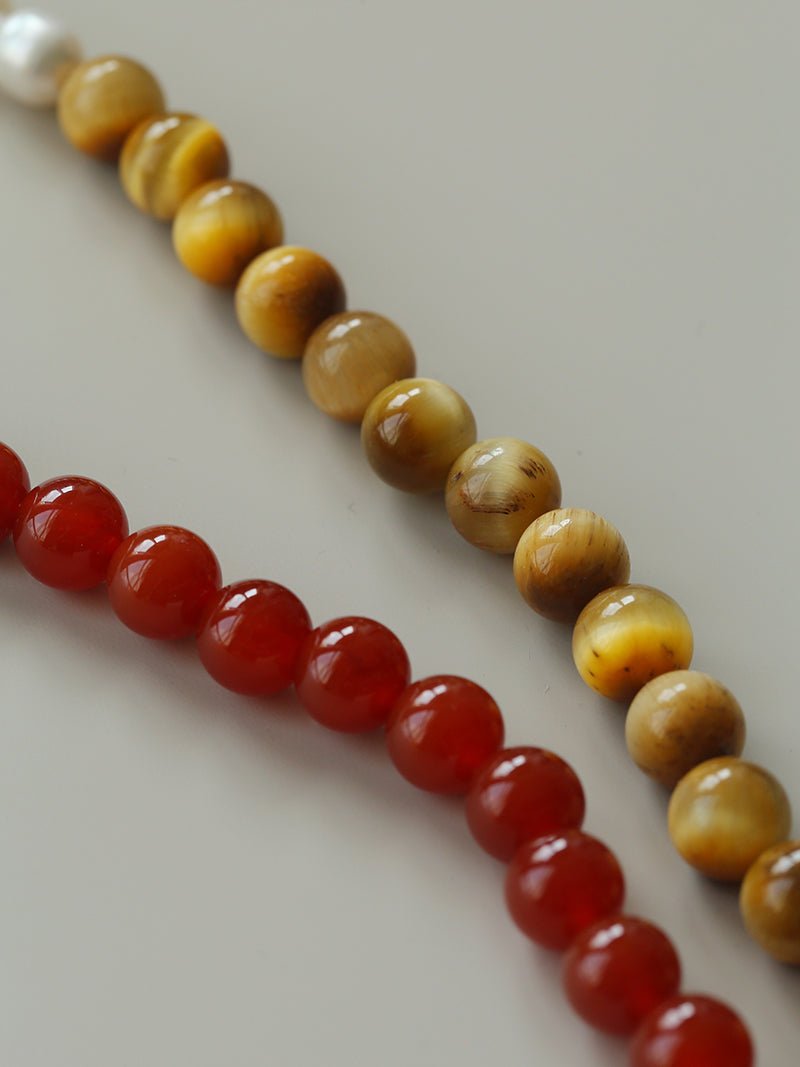 Sun Glow Natural Pearl & Red Agate & Golden Tiger Eye Necklace - floysun