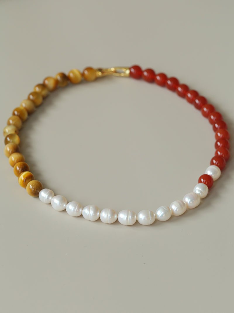 Sun Glow Natural Pearl & Red Agate & Golden Tiger Eye Necklace - floysun