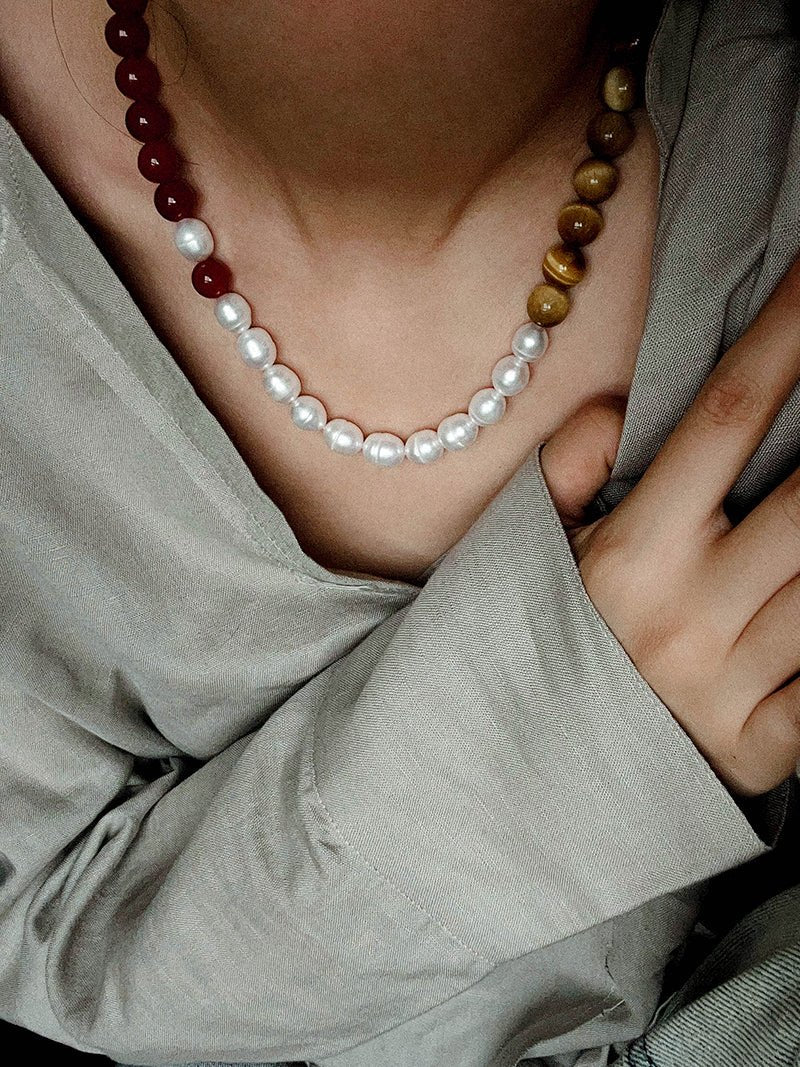 Sun Glow Natural Pearl & Red Agate & Golden Tiger Eye Necklace - floysun