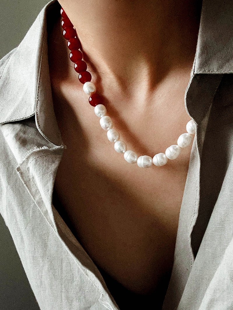 Sun Glow Natural Pearl & Red Agate & Golden Tiger Eye Necklace - floysun