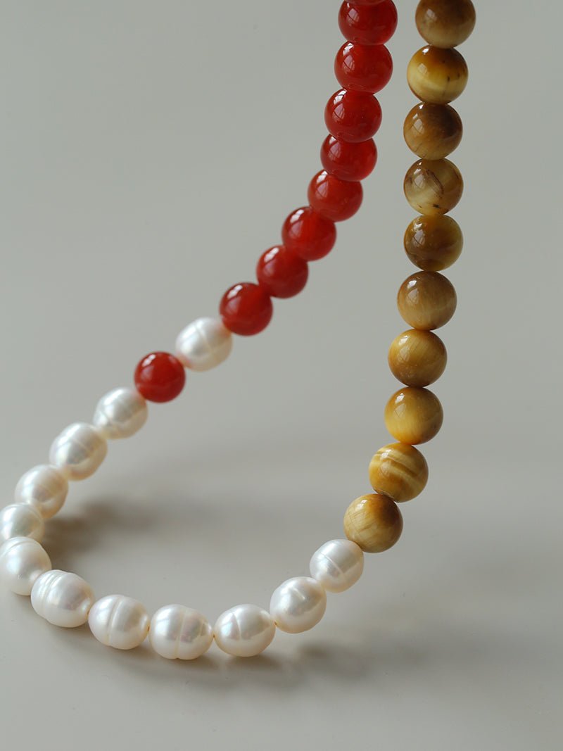 Sun Glow Natural Pearl & Red Agate & Golden Tiger Eye Necklace - floysun
