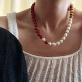 Sun Glow Natural Pearl & Red Agate & Golden Tiger Eye Necklace - floysun