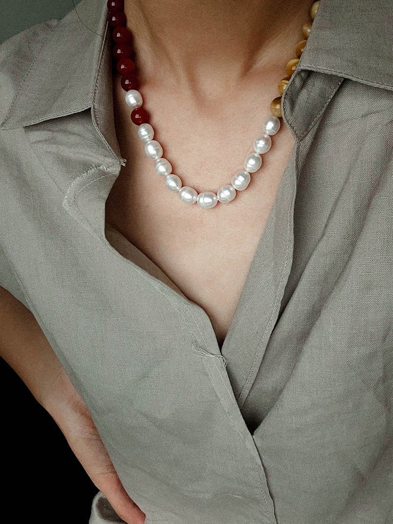 Sun Glow Natural Pearl & Red Agate & Golden Tiger Eye Necklace - floysun