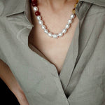 Sun Glow Natural Pearl & Red Agate & Golden Tiger Eye Necklace - floysun
