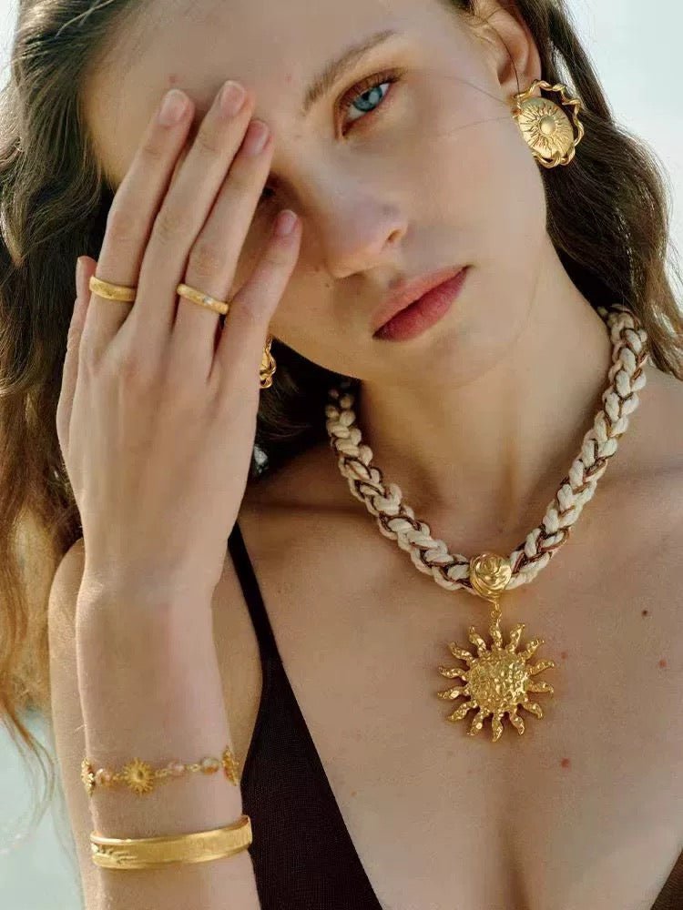 Sunrise Bloom Necklace – Woven Cord & Hammered Gold Sun Pendant - floysun