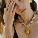 Sunrise Bloom Necklace – Woven Cord & Hammered Gold Sun Pendant - floysun