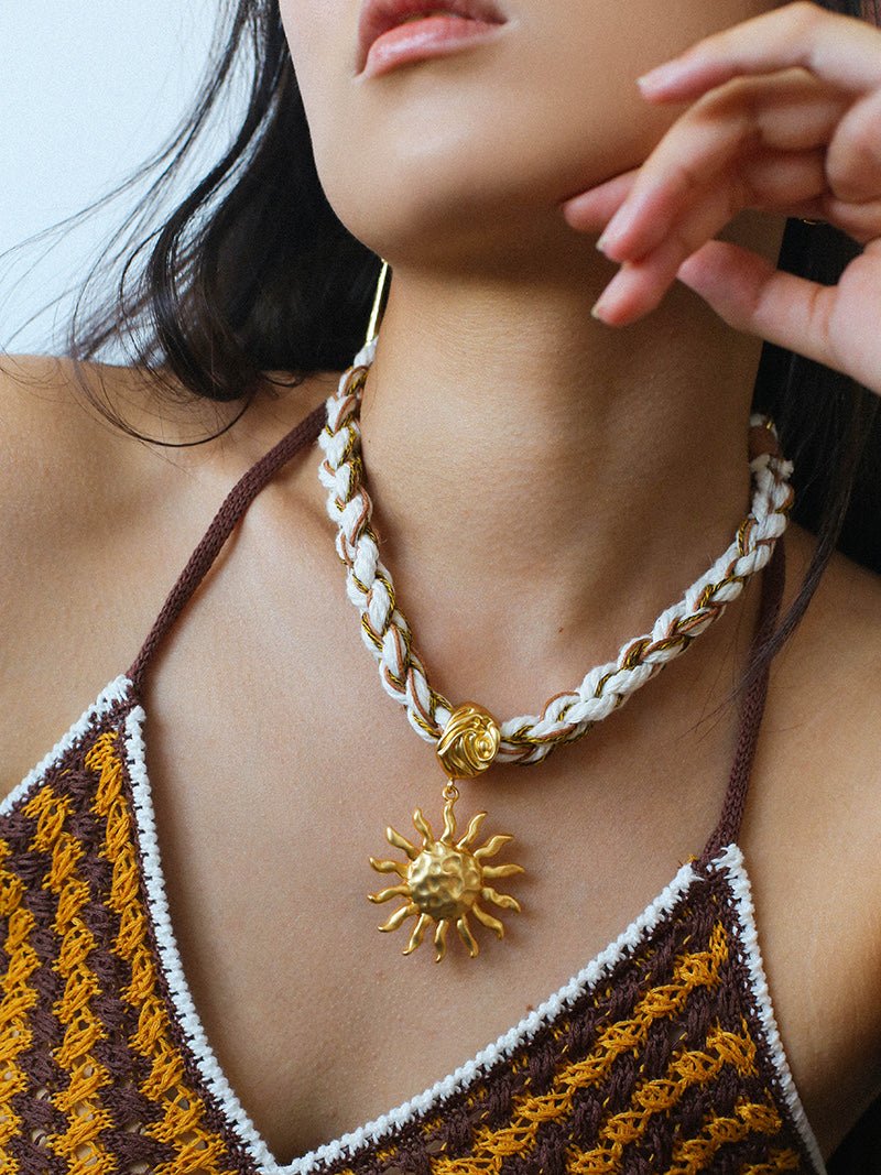 Sunrise Bloom Necklace – Woven Cord & Hammered Gold Sun Pendant - floysun