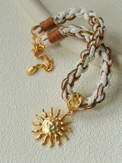 Sunrise Bloom Necklace – Woven Cord & Hammered Gold Sun Pendant - floysun