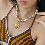 Sunrise Bloom Necklace – Woven Cord & Hammered Gold Sun Pendant - floysun