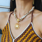 Sunrise Bloom Necklace – Woven Cord & Hammered Gold Sun Pendant - floysun