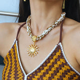Sunrise Bloom Necklace – Woven Cord & Hammered Gold Sun Pendant - floysun