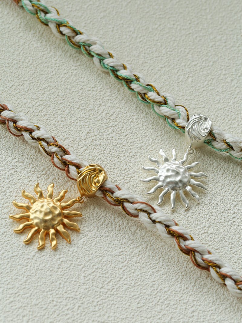 Sunrise Bloom Necklace – Woven Cord & Hammered Silver Sun Pendant - floysun
