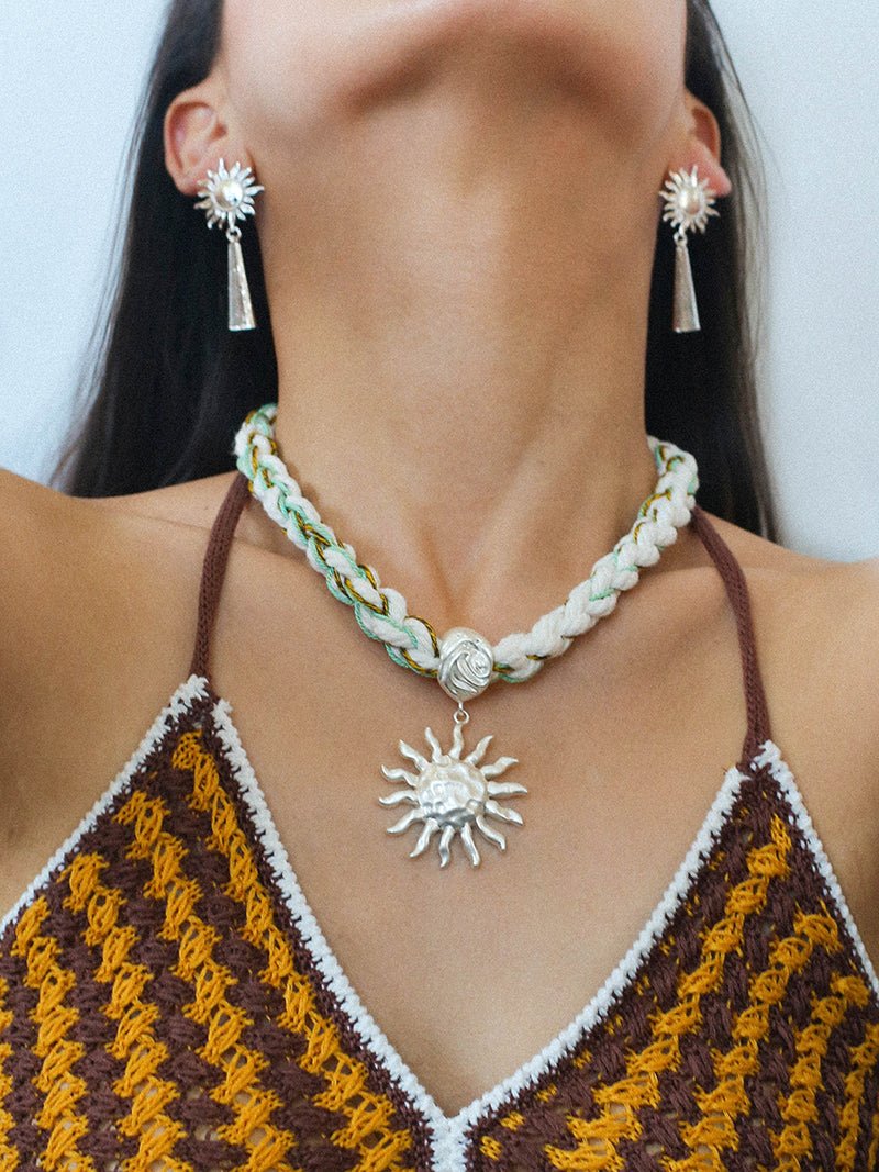 Sunrise Bloom Necklace – Woven Cord & Hammered Silver Sun Pendant - floysun