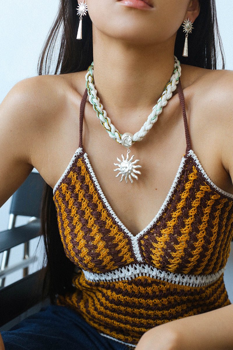 Sunrise Bloom Necklace – Woven Cord & Hammered Silver Sun Pendant - floysun