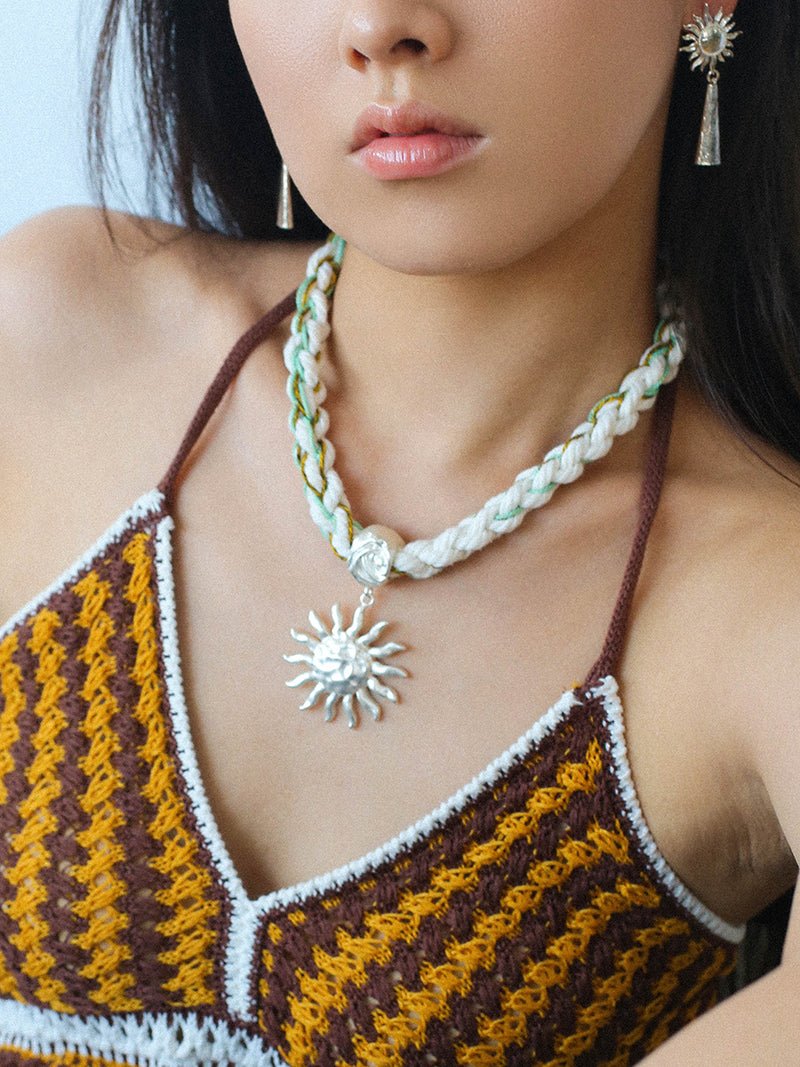 Sunrise Bloom Necklace – Woven Cord & Hammered Silver Sun Pendant - floysun