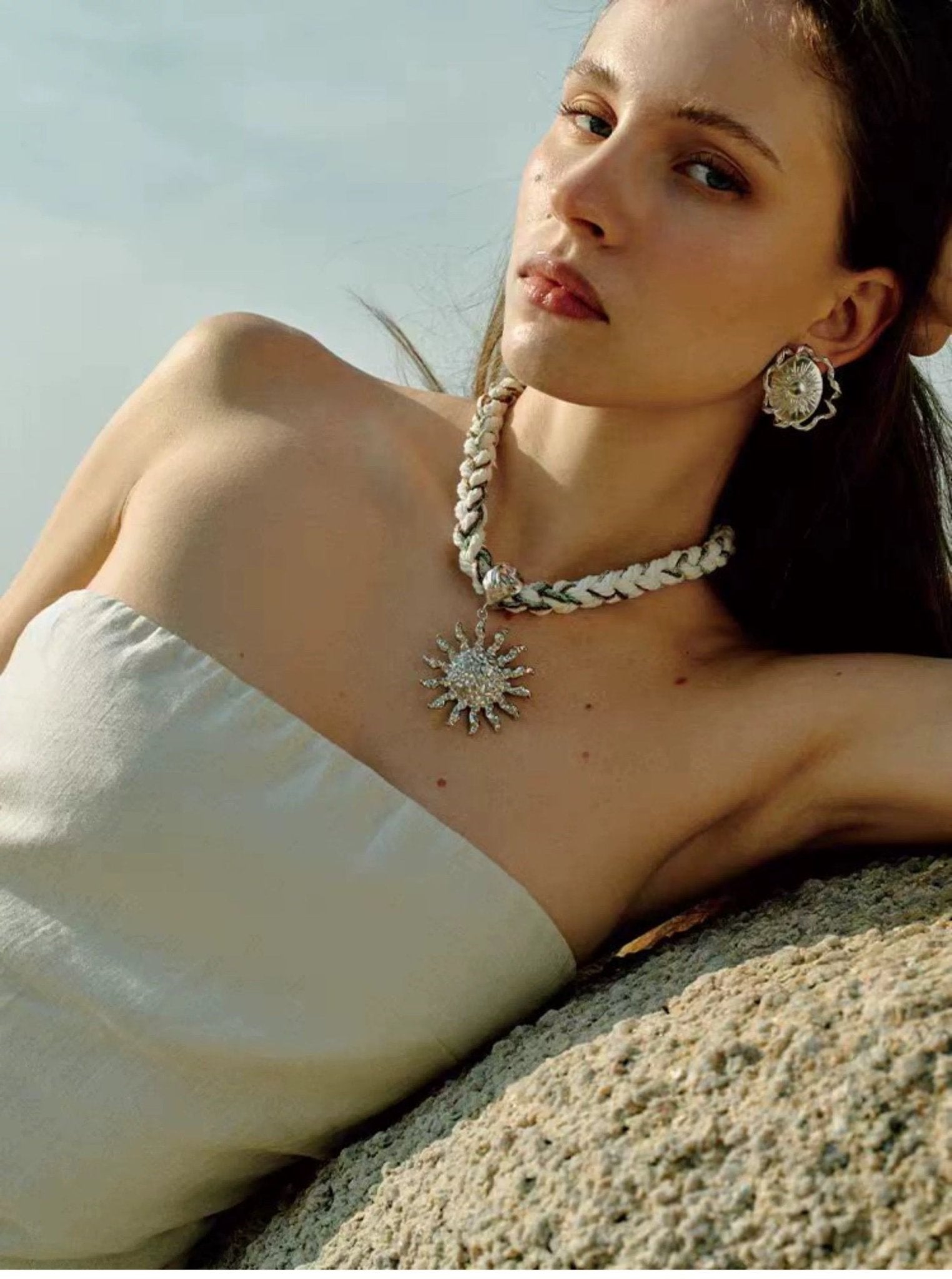 Sunrise Bloom Necklace – Woven Cord & Hammered Silver Sun Pendant - floysun