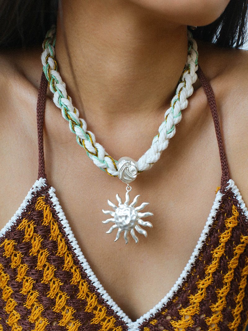 Sunrise Bloom Necklace – Woven Cord & Hammered Silver Sun Pendant - floysun