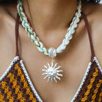 Sunrise Bloom Necklace – Woven Cord & Hammered Silver Sun Pendant - floysun