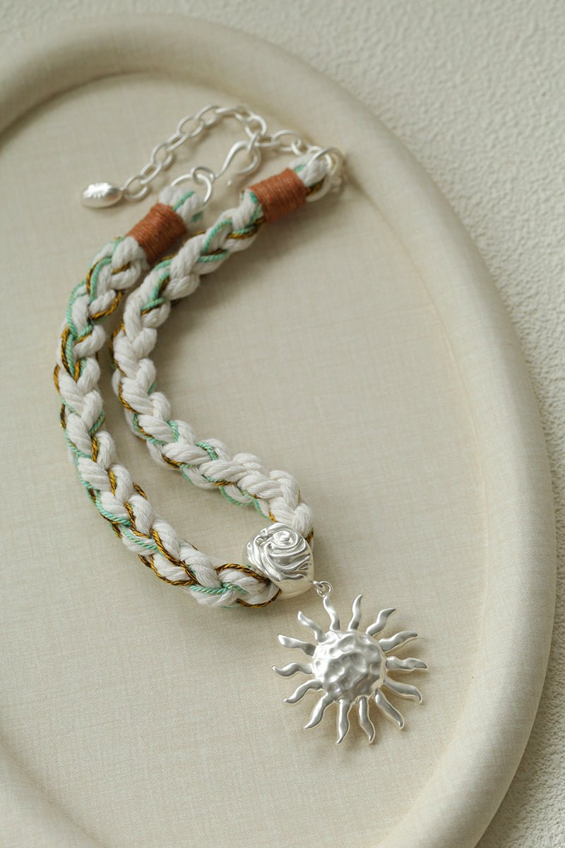 Sunrise Bloom Necklace – Woven Cord & Hammered Silver Sun Pendant - floysun