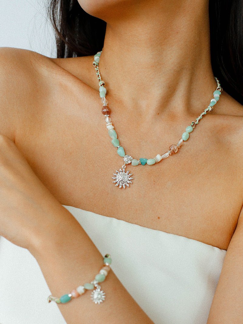 Sunrise Braided Rope Necklace - Silver Blue Amazonite - floysun