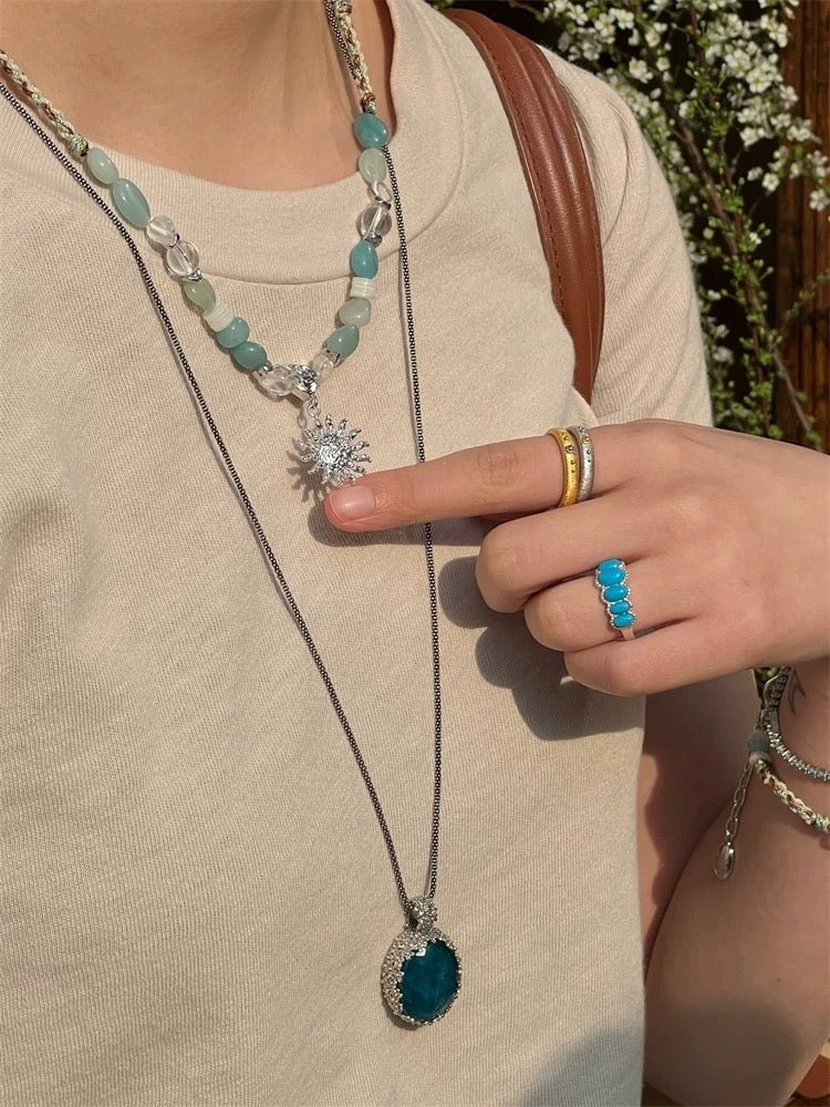 Sunrise Braided Rope Necklace - Silver Blue Amazonite - floysun