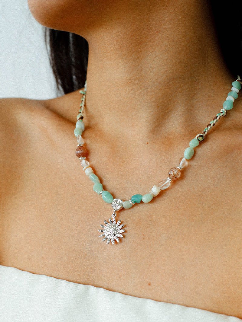 Sunrise Braided Rope Necklace - Silver Blue Amazonite - floysun