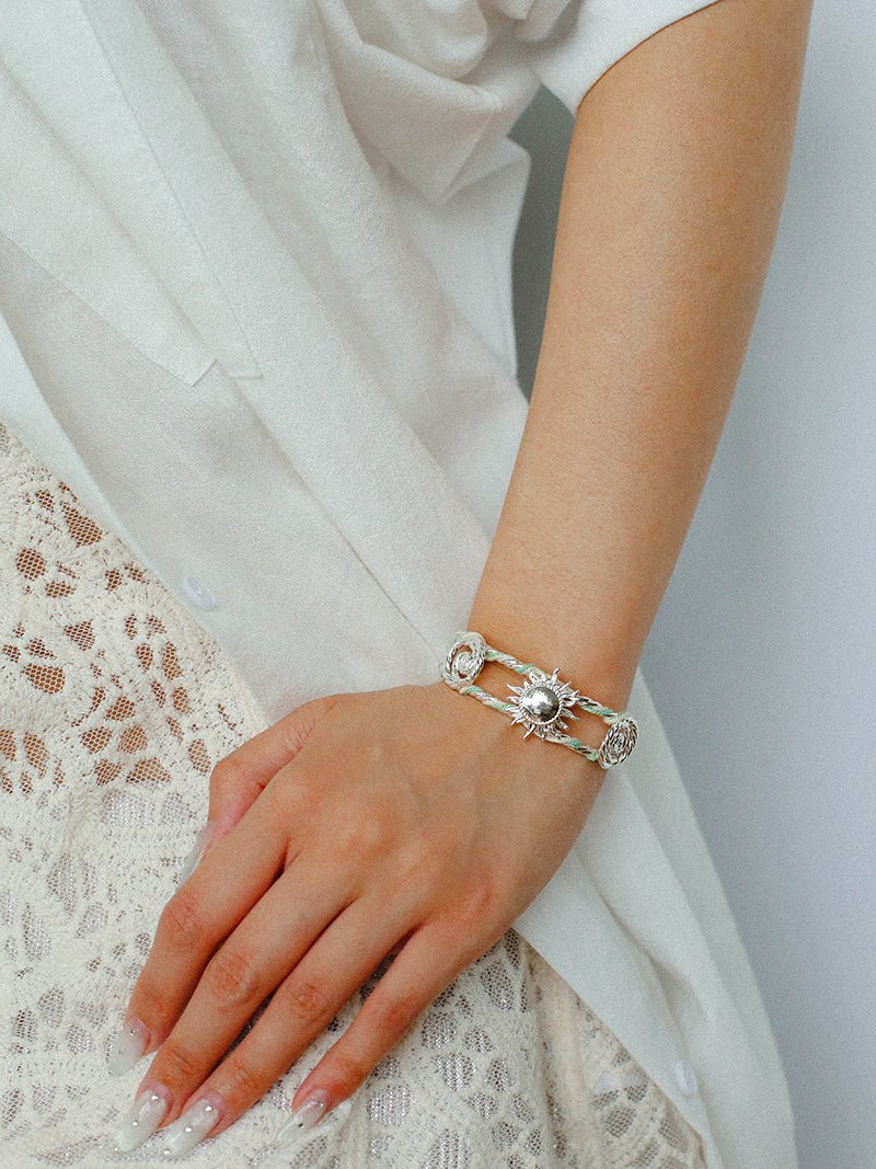 Sunrise Knot Woven Open Cuff Bracelet - Silver - floysun