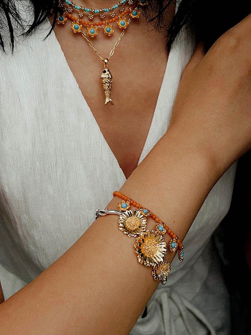 Sunset Coral & Turquoise Mini Flower Bracelet - floysun
