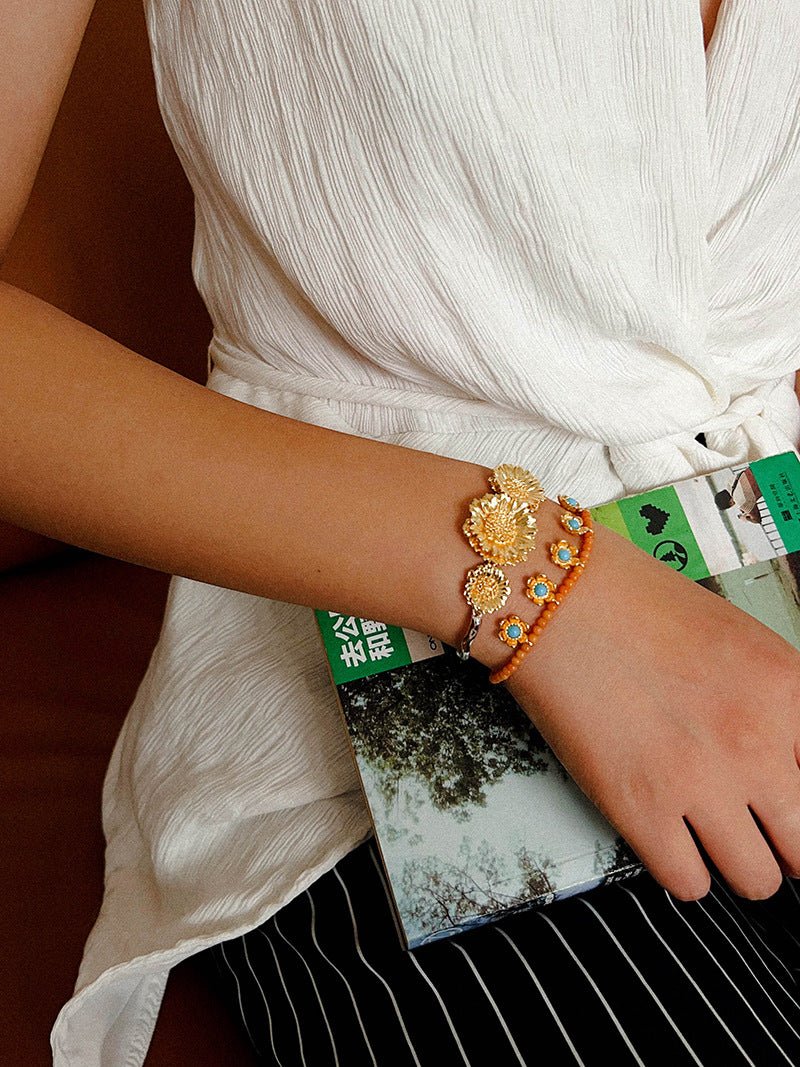 Sunset Coral & Turquoise Mini Flower Bracelet - floysun