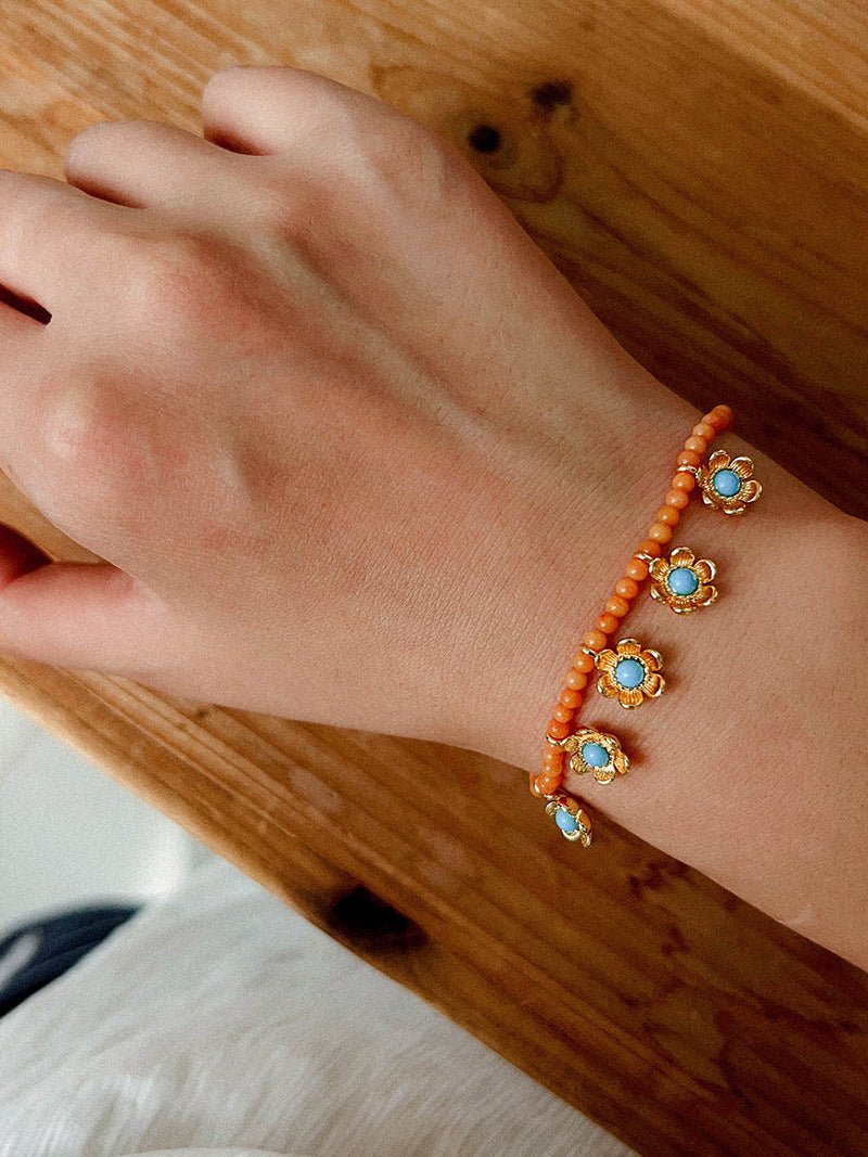 Sunset Coral & Turquoise Mini Flower Bracelet - floysun