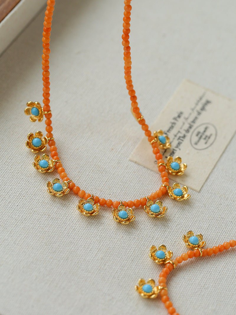 Sunset Coral & Turquoise Mini Flower Necklace - floysun