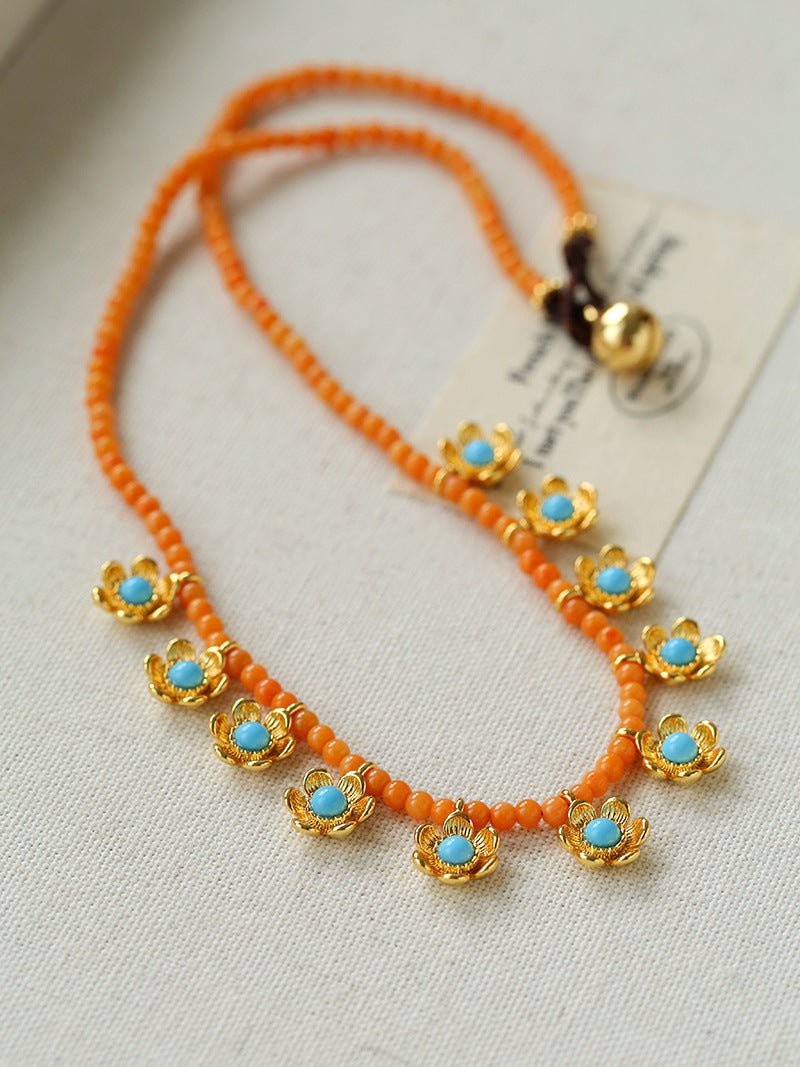 Sunset Coral & Turquoise Mini Flower Necklace - floysun