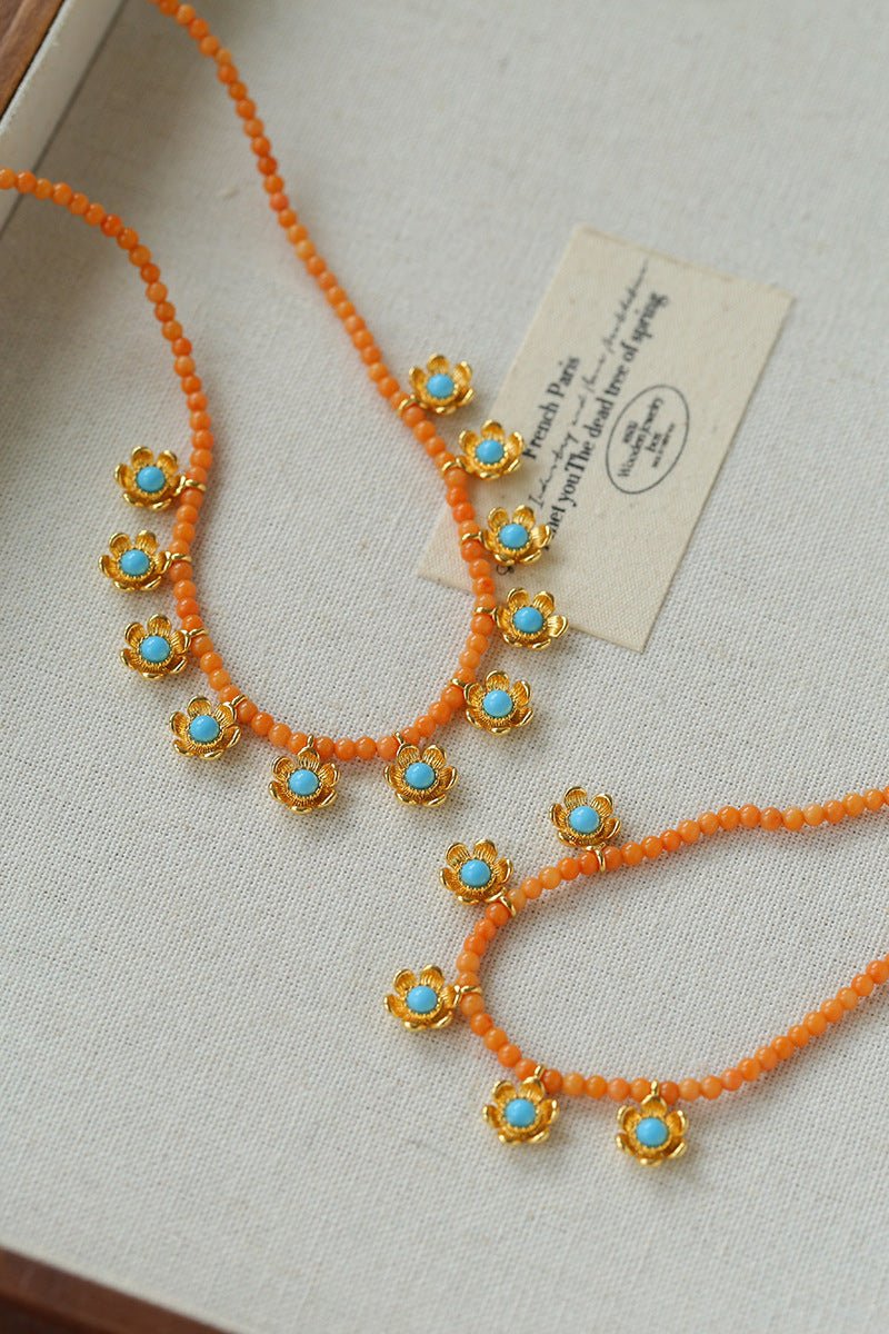 Sunset Coral & Turquoise Mini Flower Necklace - floysun