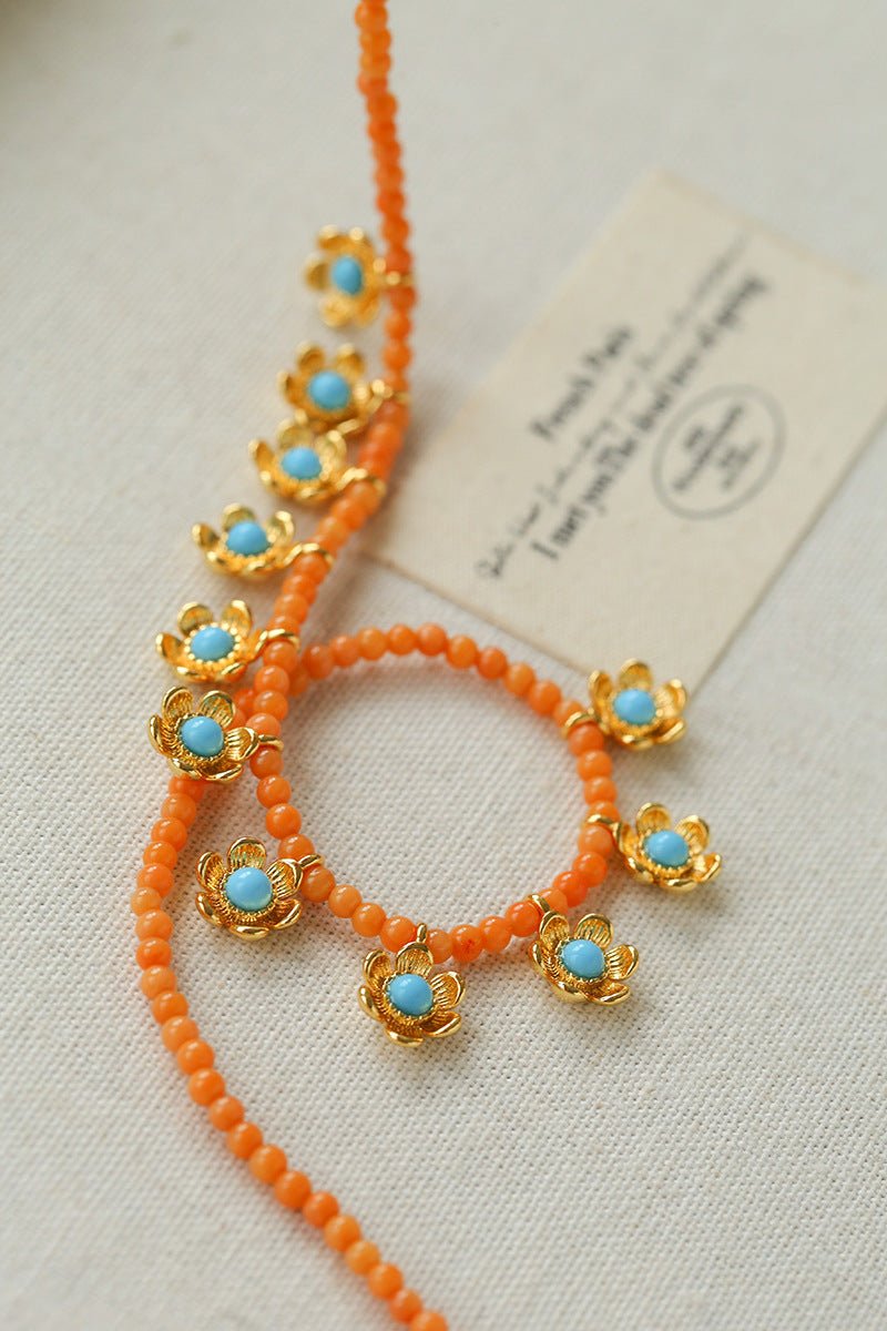 Sunset Coral & Turquoise Mini Flower Necklace - floysun