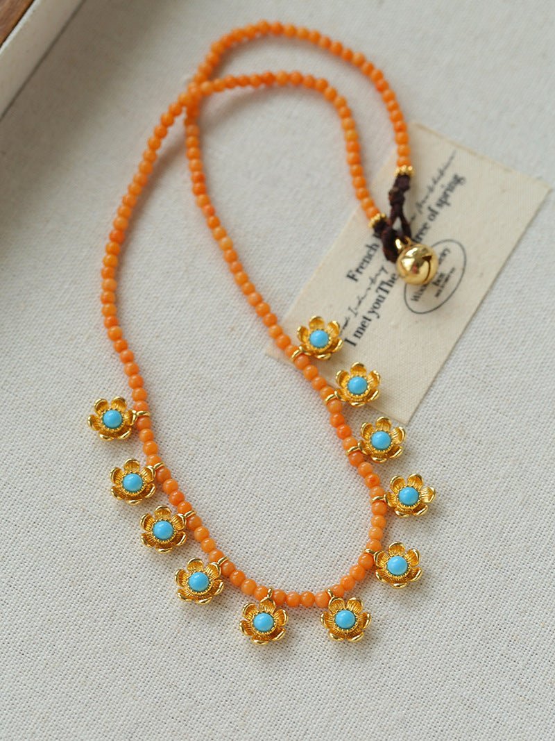 Sunset Coral & Turquoise Mini Flower Necklace - floysun