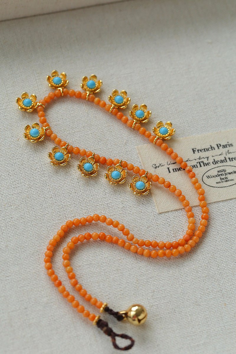 Sunset Coral & Turquoise Mini Flower Necklace - floysun