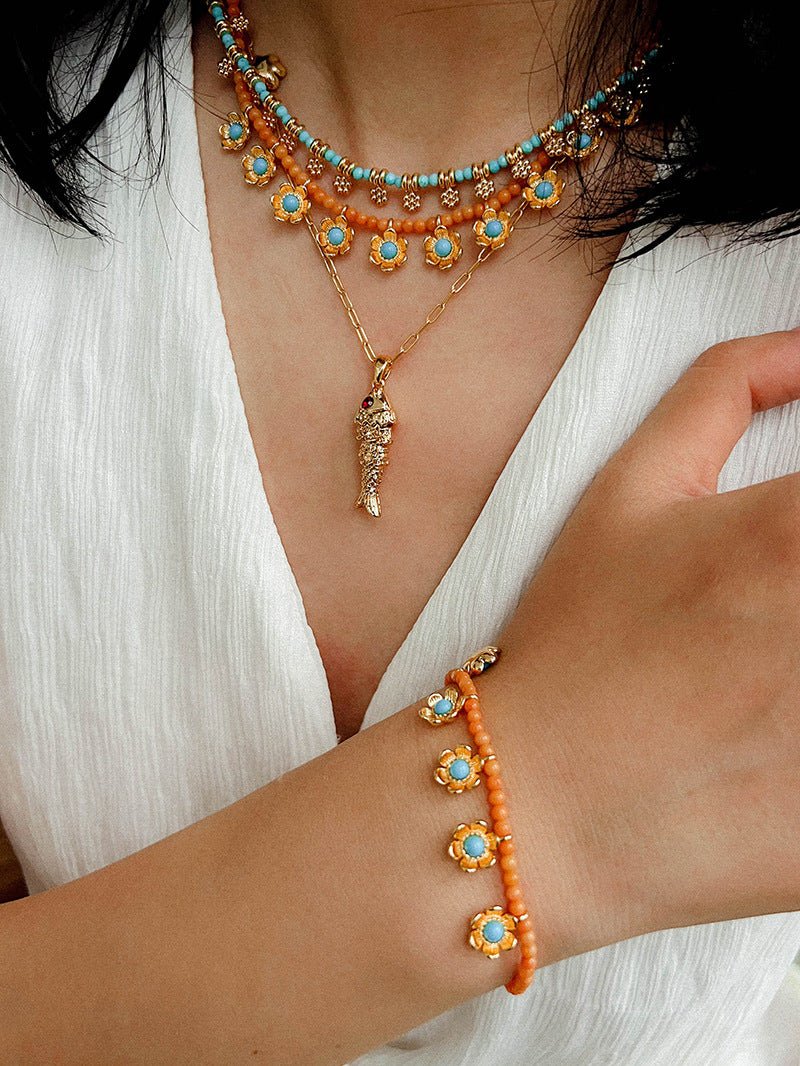 Sunset Coral & Turquoise Mini Flower Necklace - floysun