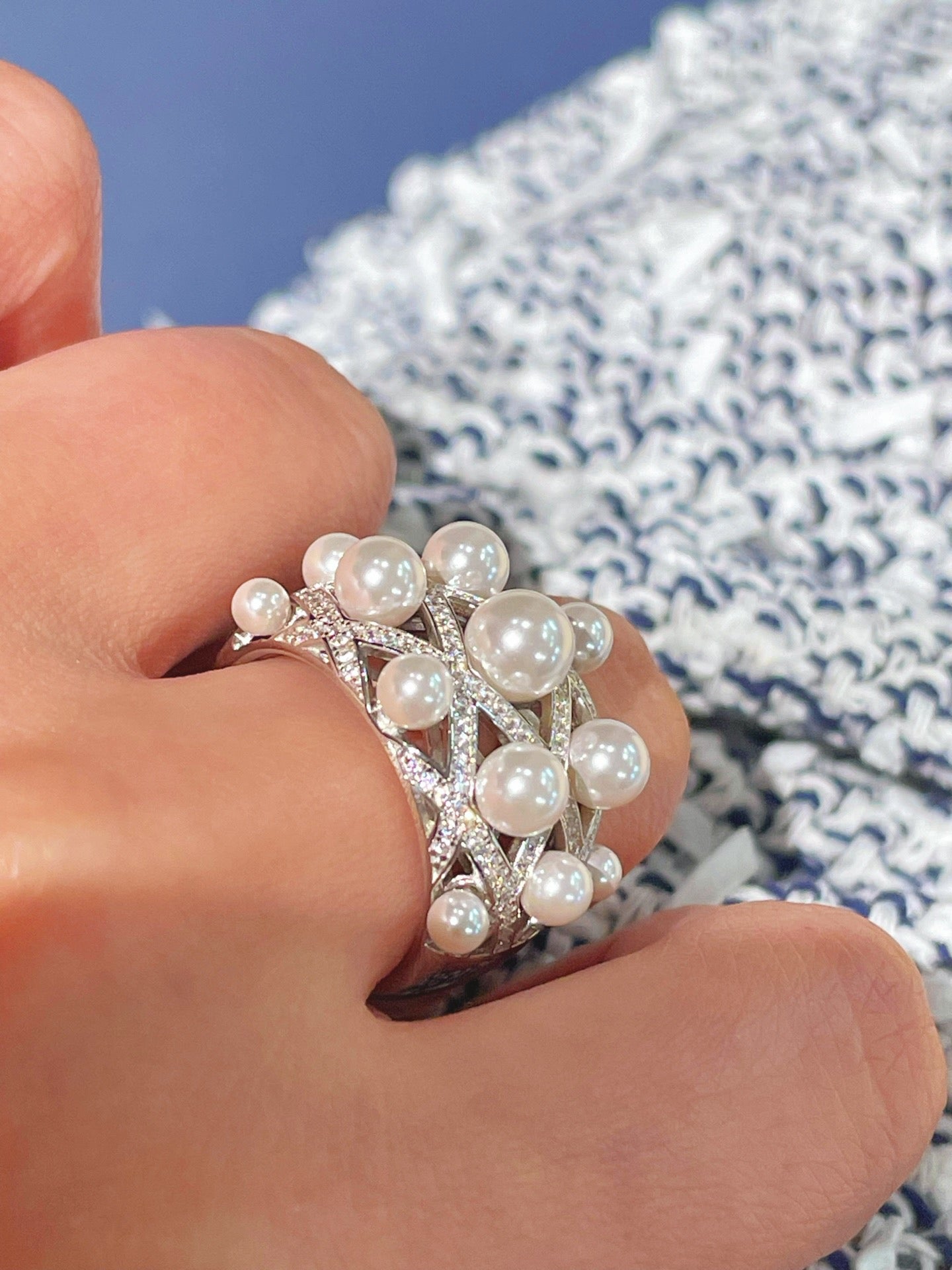 Swarovski Pearl Statement Ring Quilted Hollow Design - floysun